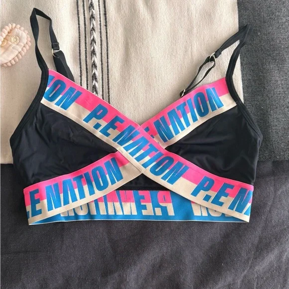 P.E Nation Black and Pink Cross-Back Sports Bra - Picture 1 of 3